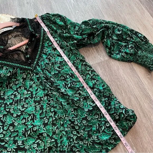 Alice + Olivia Clarice illusion yoke Floral Blouse green silk women’s S‎